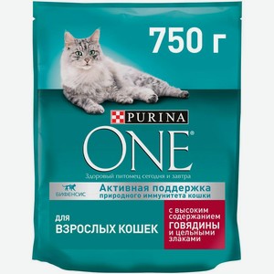 Сухой корм Purina one для взрослых кошек, с высоким содержанием говядины и цельными злаками, Пакет, 750 г