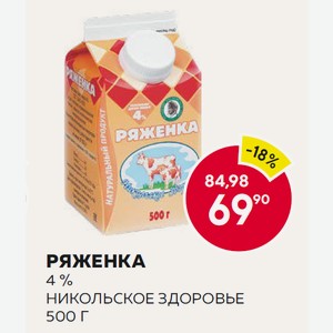Ряженка Никольское Здоровье 4% 500г Т/п