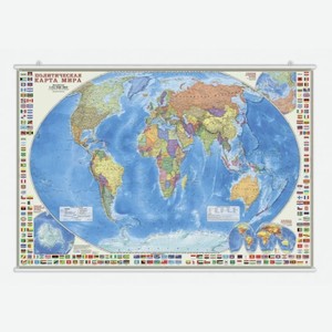Карта мира политическая с флагами настенная на рейках 124х80 см М1:24 млн, штрих-код 9785907093829