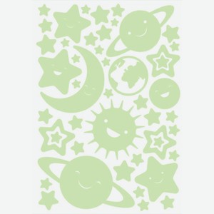Наклейка декоративная мерцающая Звезды/смайлы/планеты, многоразовая, 70х160 мм, шт