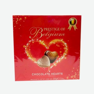 Набор конфет PRESTIGE OF BELGIUM сердца; шоколад; латте; крем брюле; малина; тирамису квадрат 200гр