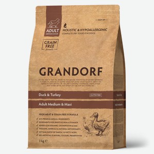 Сухой корм для собак средних и крупных пород GRANDORF Medium&Maxi Adult Duck & Turkey, утка с индейкой, 3кг