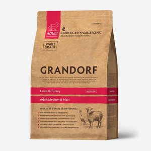 Сухой корм для собак средних и крупных пород GRANDORF Medium&Maxi Adult Lamb & Turkey, ягненок с индейкой, 3кг