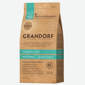 Сухой корм для собак всех пород GRANDORF All Breeds Adult 4 Meat & Brown Rice, с пробиотиками, 4 вида мяса с рисом, 1кг