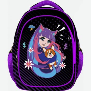 Рюкзак школьный облегчённый Centrum Аниме - Девочка с корги цвет: лиловый/голубой/чёрный, 40×32×16 см