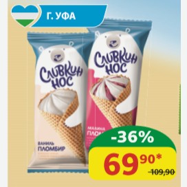 Мороженое Пломбир Сливкин Нос Аромат ванили; Малина/Аромат ванили 15%, рожок, 100 гр