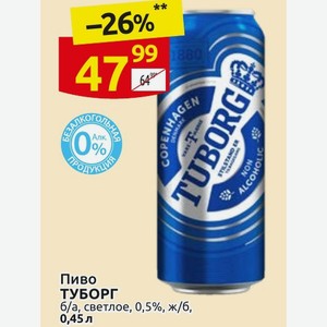 Пиво ТУБОРГ б/а, светлое, 0,5%, ж/б, 0,45 л