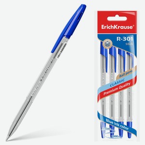 Ручка шариковая ErichKrause Classic Stick R-301 1 мм синяя, 4 шт