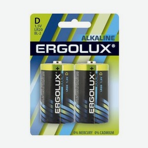 D Батарейка ERGOLUX Alkaline LR20 BL-2, 2 шт. 21000мAч