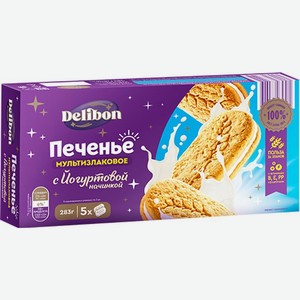 Печенье Delibon сахарное витаминизированное со злаковыми хлопьями и йогуртовой начинкой, 283г