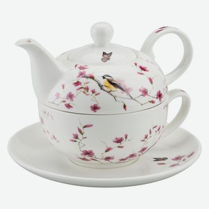 Чайный набор заварочный чайник+чашка с блюдцем Птичка и цветущая ветка Ambiente, 1,1 кг