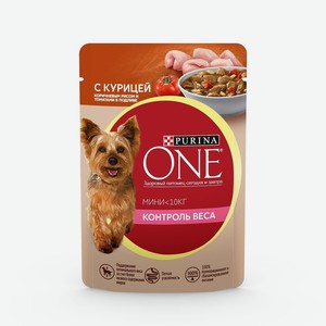 Purina One контроль веса, для взрослых собак мелких пород, с курицей, коричневым рисом и томатами в подливе (85 г)