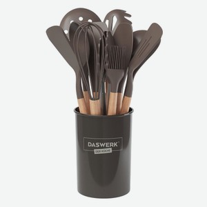 Набор кухонных принадлежностей DASWERK 12 в 1, силикон, с деревянными ручками, серый/коричневый (608195)