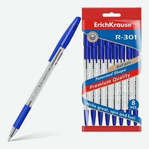 Ручка Erich Krause Classic шариковая R-301 синяя 1мм, 8шт Китай