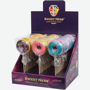 Карамель Sweet Ness на палочке в форме пончика ежевика-баббл гам-земляника, 30г