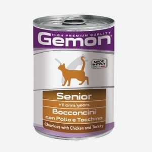 GEMON (Monge) консервы для пожилых кошек: Кусочки курицы с индейкой (415 г)
