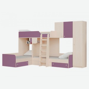 Двухъярусная кровать Трио Дуб Молочный / Фиолетовый Правая