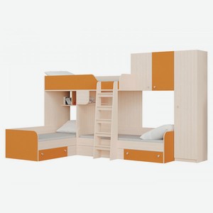 Двухъярусная кровать Трио Дуб Молочный / Оранжевый Правая