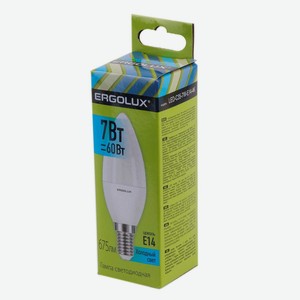 Лампа светодиодная ERGOLUX LED, 7Вт, E14, 4500K, 172-265В, свеча