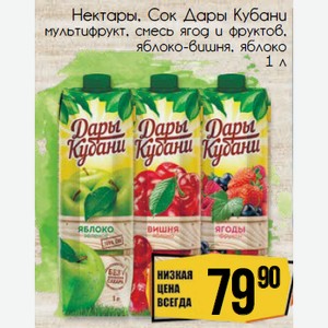 Нектары, Сок Дары Кубани мультифрукт, смесь ягод и фруктов, яблоко-вишня, яблоко 1 л