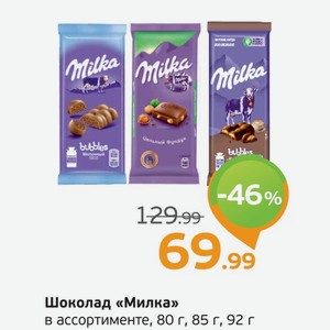 Шоколад  Милка  в ассортименте, 80-92 г