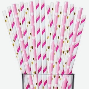 Трубочки бумажные для напитков  Веселая вечеринка , розовый, золото, 19,5 см, 12 шт.