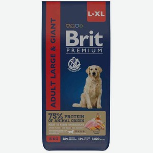 Сухой корм для взрослых собак крупных пород Brit Premium Adult L&XL Курица и 5 трав, 15 кг