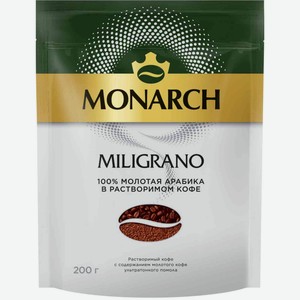 Кофе растворимый сублимированный Монарх Miligrano c добавлением кофе жареного молотого, 200 г