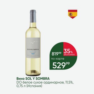 Вино SOL Y SOMBRA DO белое сухое ординарное, 11,5%, 0,75 л (Испания)