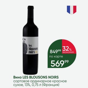 Вино LES BLOUSONS NOIRS сортовое ординарное красное сухое, 13%, 0,75 л (Франция)