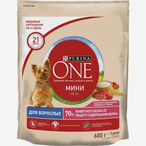 Сухой корм для взрослых собак мини пород Purina One с высоким содержанием говядины и с рисом, 600 г
