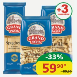 Макаронные изделия Grand Di Pasta Каватаппи; Спагетти; Фузилли, в/с, 450 гр