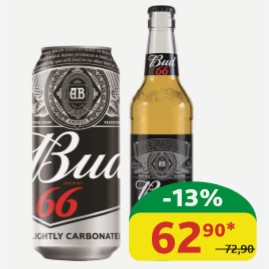 Пиво светлое Бад 66 Пастеризованное 4.3%, ж/б, ст/б, 0,45/0,44 л