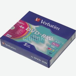 Оптический диск DVD-RW Verbatim 4.7ГБ 4x, 5шт., slim case, разноцветные [43563]