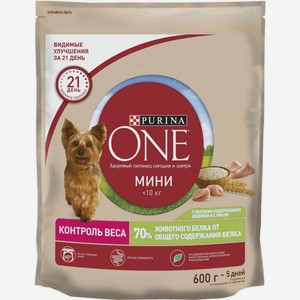 Сухой корм для взрослых собак мини пород Purina One с высоким содержанием индейки и с рисом, 600 г