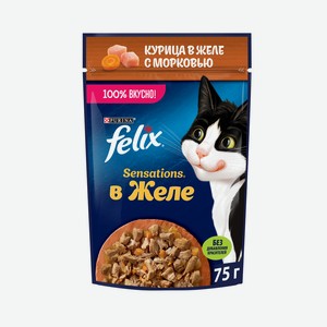 Корм влажный Felix Sensations для взрослых кошек с курицей в желе с морковью, 75г Россия