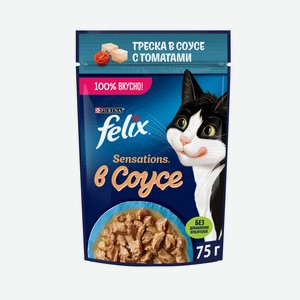 Корм влажный Felix Sensations для взрослых кошек с треской в соусе с томатами, 75г Россия
