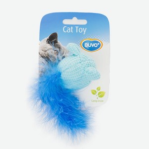 Игрушка для кошек мягкая DUVO+  Мышка с хвостом из перьев , голубая, 10х6х4см (Бельгия)