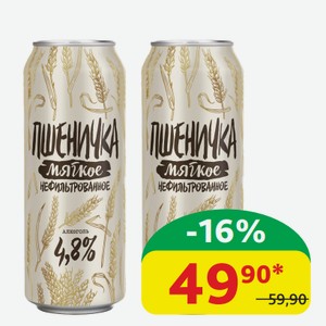 Пиво светлое Мягкое Пшеничка Нефильтрованное Пастеризованное, 4.8%, ж/б, 0,45 л