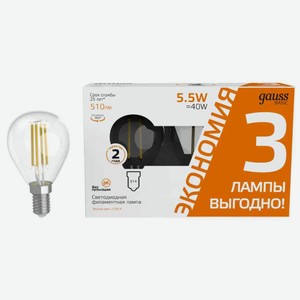Лампа LED Gauss 1051116T Basic Filament Шар 2700К Е14 3 шт., 5,5 Вт