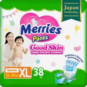 Подгузники-трусики Merries Good Skin XL 12-19кг, 38шт Индонезия