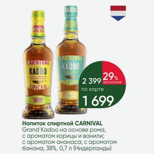 Напиток спиртной CARNIVAL Grand Kadoo на основе рома, с ароматом корицы и ванили; с ароматом ананаса; с ароматом банана, 38%, 0,7 л (Нидерланды)