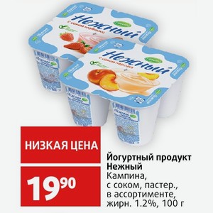 Йогуртный продукт Нежный Кампина, с соком, пастер., в ассортименте, жирн. 1.2%, 100 г