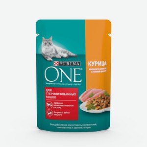 Корм для стерилизованных кошек Purina One с курицей и с зелёной фасолью, 75 г