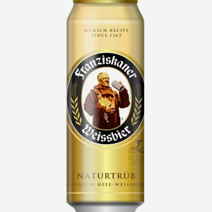 Пиво Franziskaner Premium Hefe-weissbier Пшеничное Светл. Нефильтр. Пастер. Ж/б. 0,45л, ,