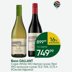 Вино GALLANT Cape White WO белое сухое; Red WO красное сухое 13,5-14%, 0,75 л (Южная Африка)
