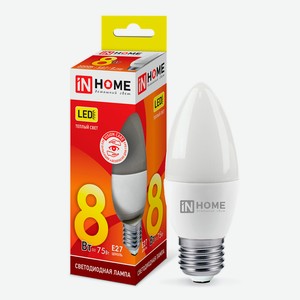 Лампа светодиодная IN HOME 8Вт-230В-3000К–E27, колба C37 свеча