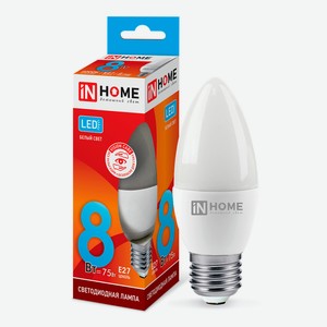 Лампа светодиодная IN HOME 8Вт-230В-4000К–E27, колба C37 свеча