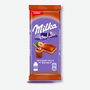 Шоколад молочный  Милка  с начинкой с добавлением ореховой пасты из фундука и с дробленым фундуком, 85г