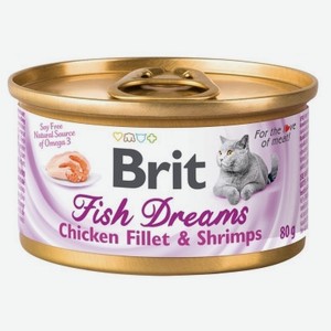 Консервированный корм для кошек Brit куриное филе и креветки, 80 г